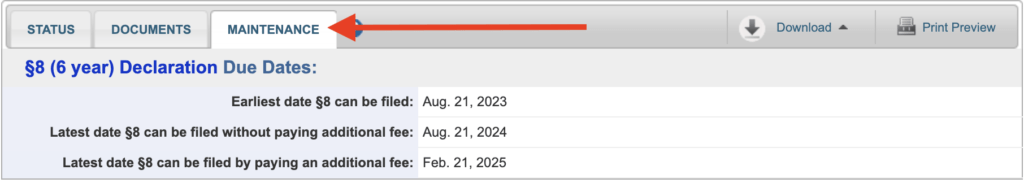 Screenshot of PTO Maintenance Screen for Trademarks